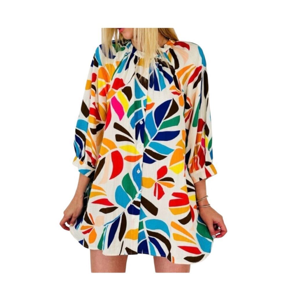 Tabitha Brown women mini dress sz medium tunic pockets tropical floral botanical